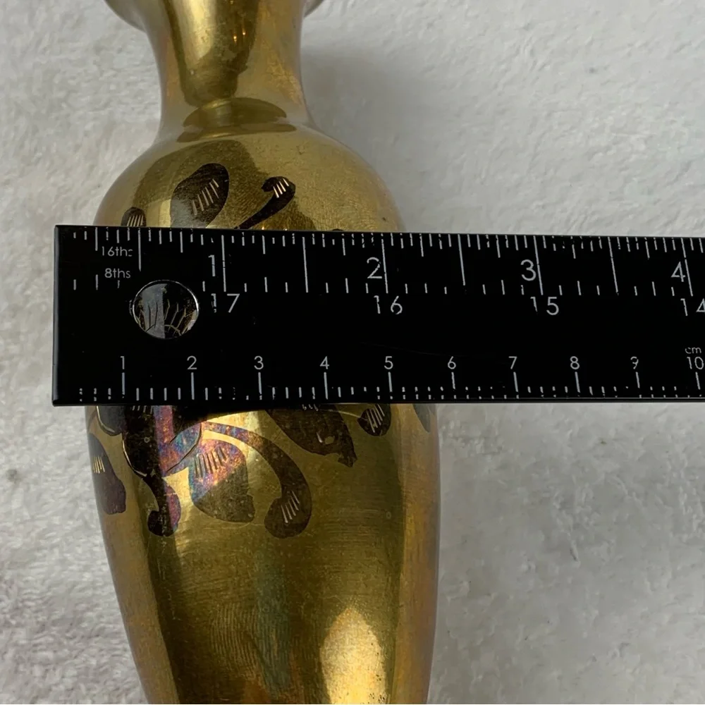 Vintage Brass Bud Vase with‎ etched floral design 6 Inches Tall Original Patina